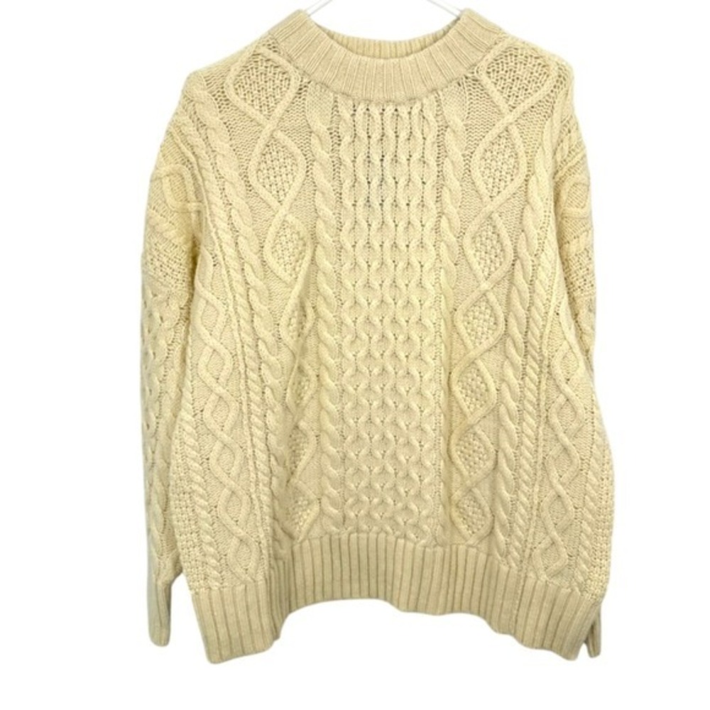 J. Crew Cream Cable Knit Sweater M/L Lambs Wool Blend Mock Neck Cozy Fisherman